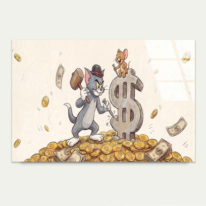 Cat Mouse Carving Money Glass Printing Wall Art Australian Made Quality - Bella Home Decor