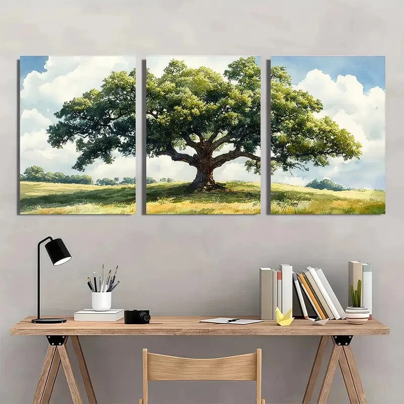 3pcs Oak Tree Watercolor Print Green Tree Metal Print Ready to Hang Art - Bella Home Decor