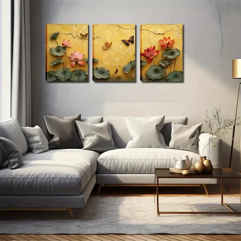 3pcs Lotus Flowers with Water and Butterflies Wall Art Set Canvas Unframed - High Quality Print 100% Australian Made Wall Canvas  Wall Art Set Canvas Unframed - High Quality Print 100% Australian Made Wall Canvas
