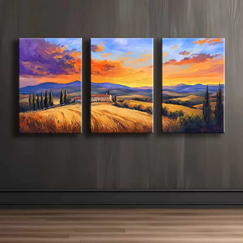 3pcs Sunset Fields Illustration Wall Art Set Canvas Framed 60x90cm - High Quality Print 100% Australian Made Wall Canvas Ready to Hang