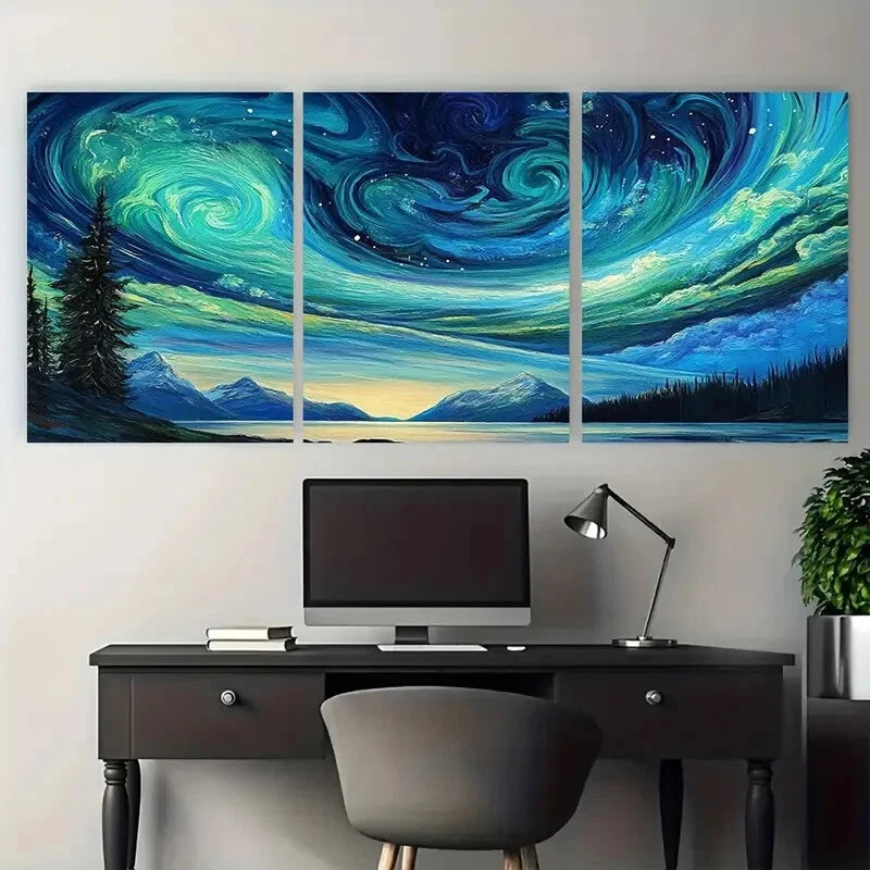 3pcs Celestial Swirling Night Sky Aurora Landscape Metal Print Ready to Hang Art - Bella Home Decor