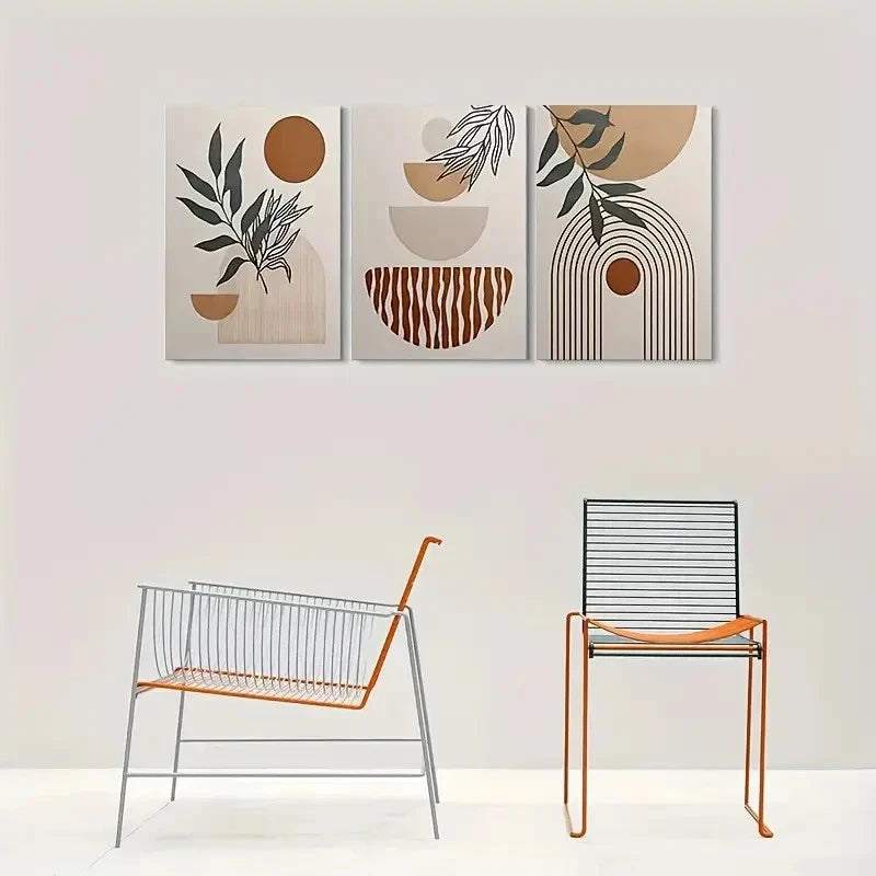 3pcs Geometric Plant Elements Neutral Tones Metal Print Ready to Hang Art - Bella Home Decor