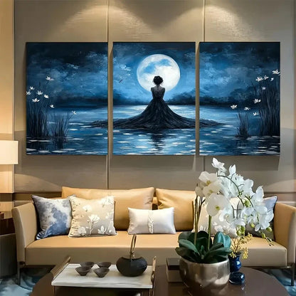 3pcs Ethereal Woman in Lace Gown by Moonlit Lake Metal Print Ready to Hang Art