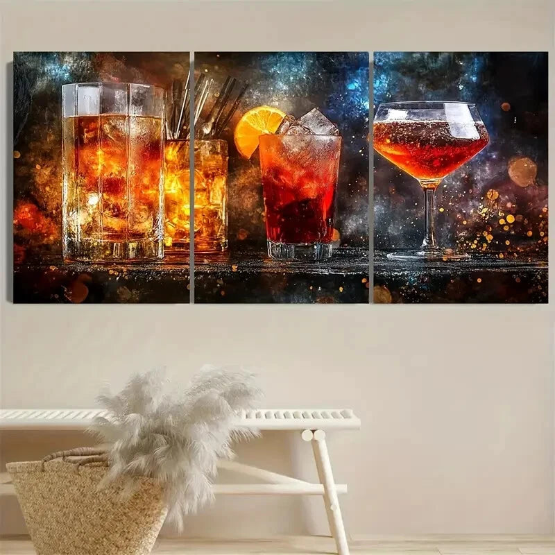 3pcs Still Life Bar on Dark, Cocktail Modern Metal Print Ready to Hang Art - Bella Home Decor