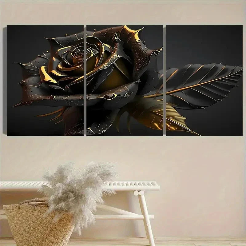 3pcs Black And Golden Gothic Rose Wall Art Canvas Unframed - High Quality Print 100% Australian Made Wall Canvas - Bella Home Decor