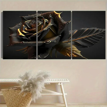3pcs Black And Golden Gothic Rose Wall Art Canvas Unframed - High Quality Print 100% Australian Made Wall Canvas - Bella Home Decor