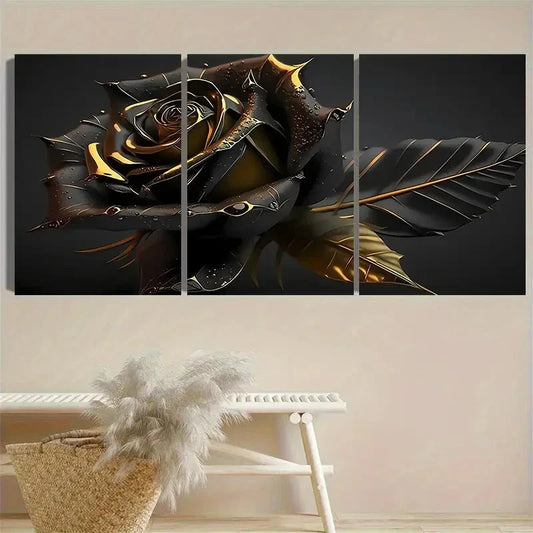3pcs Black And Golden Gothic Rose Wall Art Canvas Unframed - High Quality Print 100% Australian Made Wall Canvas - Bella Home Decor