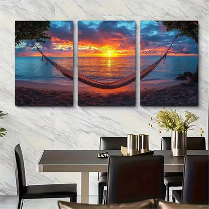 3pcs Beach Sunset Hammock Metal Print Ready to Hang Art - Bella Home Decor