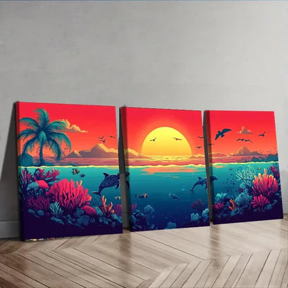 3pcs Sunset Over the Ocean Sun Shine Perfect Wall Art Set Canvas Unframed - High Quality Print 100% Australian Made Wall Canvas