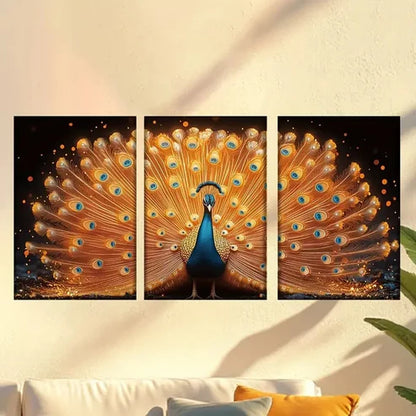 3pcs Vibrant Peacock with Golden Feathers Wall Art Canvas Unframed – High Quality Print 100% Australian Made Wall Canvas
