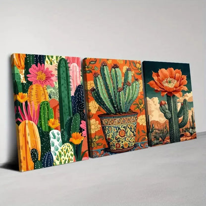 3pcsColorful Cactus And Stunning Florals Art Set Canvas Framed 50x70cm - High Quality Print 100% Australian Made Wall Canvas Ready to Hang