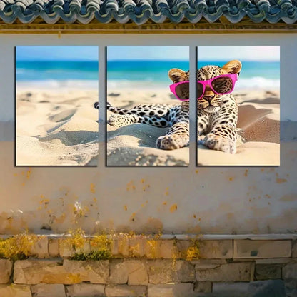 3pcs Vibrant Charming Cartoon Leopard Beach Scene Metal Print Ready to Hang Art - Bella Home Decor