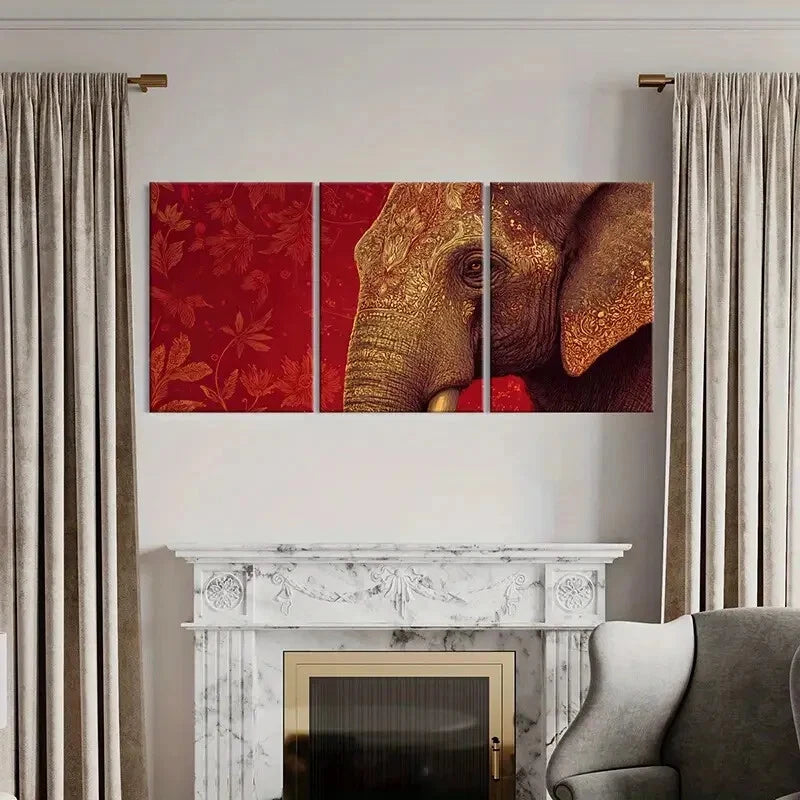 3pcs Elephant Art Intricate Design Golden Details Metal Print Ready to Hang Art - Bella Home Decor