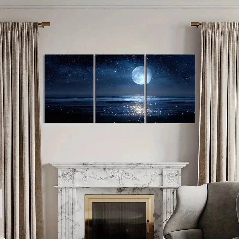 3pcs Moonlit Ocean Night Sky Stars Reflections Metal Print Ready to Hang Art - Bella Home Decor