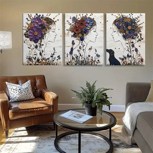 3pcs Women with Flower Crowns and Dog Wall Art Canvas Unframed - High Quality Print 100% Australian Made Wall Canvas