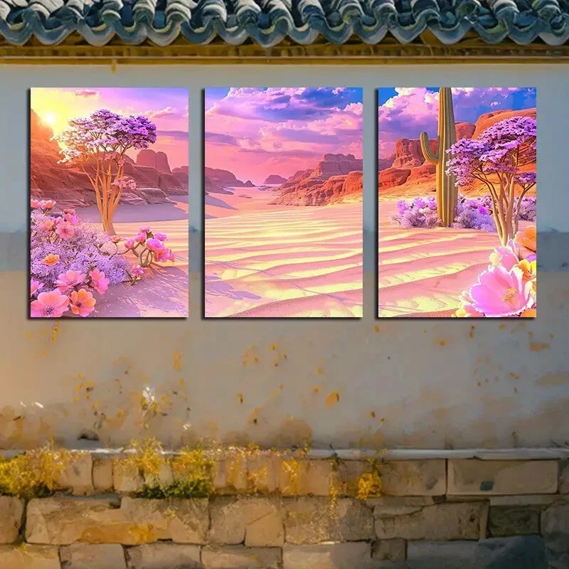 3pcs Vibrant Desert Cactus with Pink Florals Metal Print Ready to Hang Art - Bella Home Decor