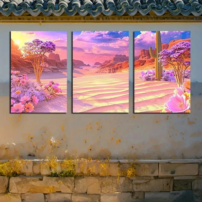 3pcs Vibrant Desert Cactus with Pink Florals Metal Print Ready to Hang Art - Bella Home Decor