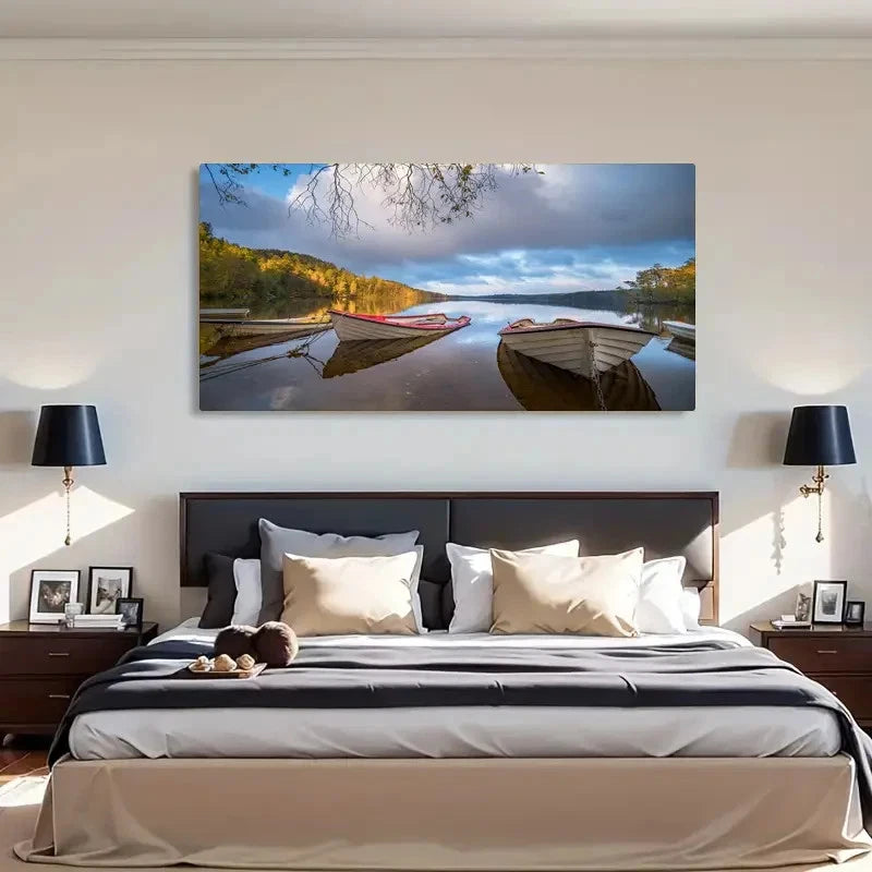 Serene Lake & Boats Decor Wall Art Canvas Office Home Room Framed 120x60cm