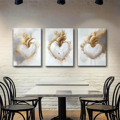3pcs Modern Abstract Golden Heart White Perfect Wall Art Canvas Unframed - High Quality Print 100% Australian Made Wall Canvas