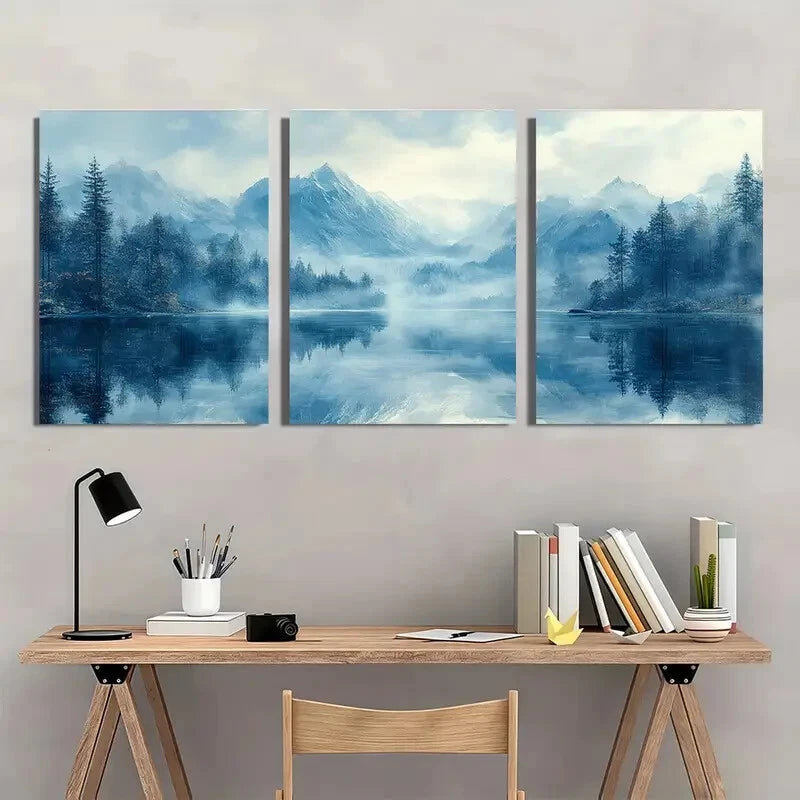 3pcs Abstract Landscape Serene Blue Mountain Lake Metal Print Ready to Hang Art - Bella Home Decor