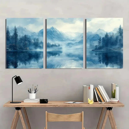 3pcs Abstract Landscape Serene Blue Mountain Lake Metal Print Ready to Hang Art - Bella Home Decor