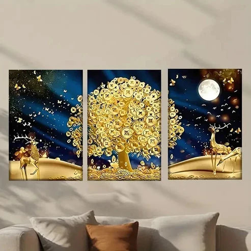 3pcs Golden Tree in Forest Scene with Deer Wall Art Canvas Unframed - High Quality Print 100% Australian Made Wall Canvas - Bella Home Decor