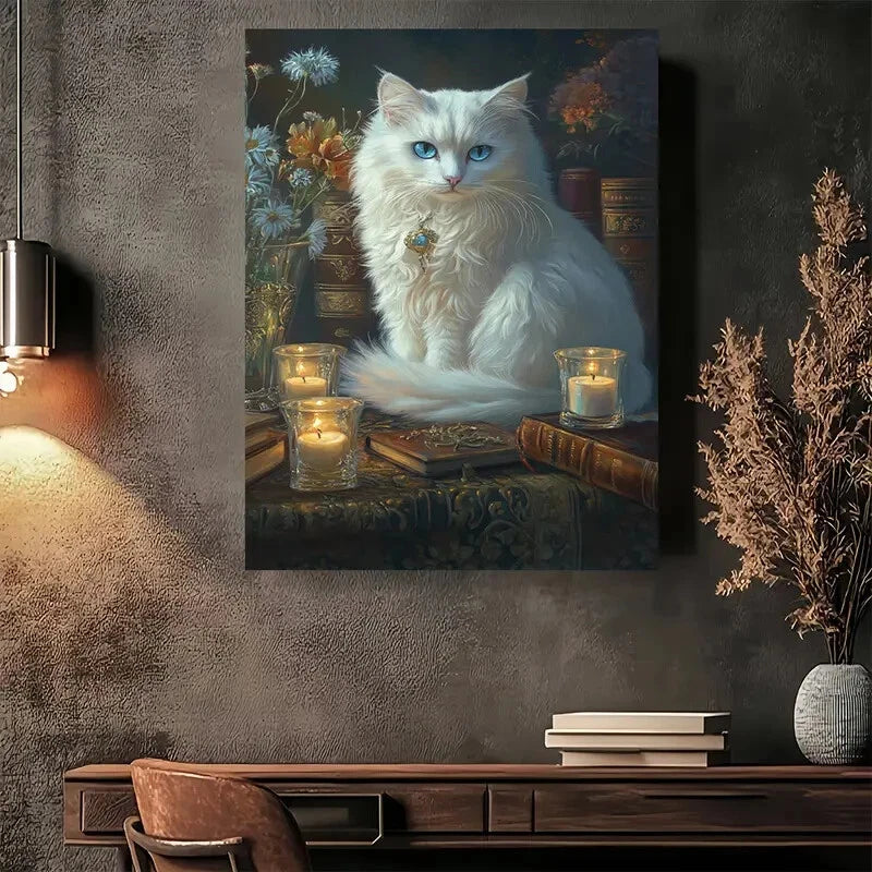 Beautiful Elegant White Cat with Blue Eyes Painting 40x60cm Metal Print Ready to Hang - Bella Home Decor