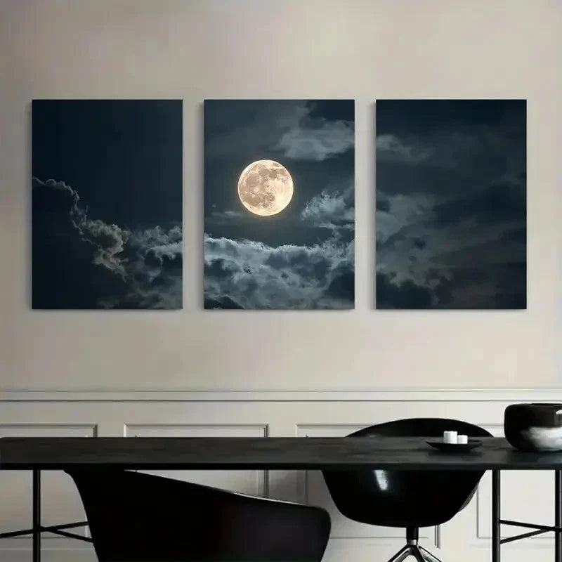 3pcs Full Moon with Clouds Drifting Painting Metal Print Ready to Hang Art - Bella Home Decor