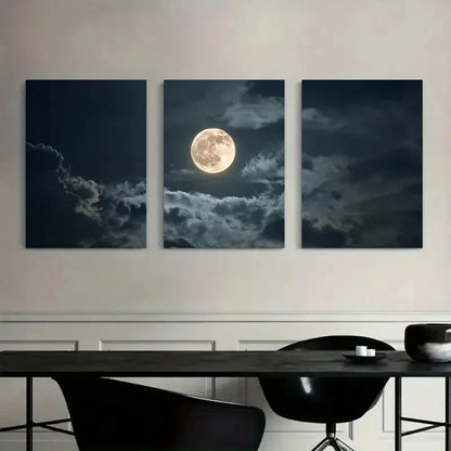 3pcs Full Moon with Clouds Drifting Painting Metal Print Ready to Hang Art - Bella Home Decor