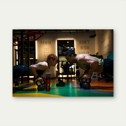 Man & Woman Kettlebell Pushups 5mm thick Plastic Poster Ready to Hang 90x60cm