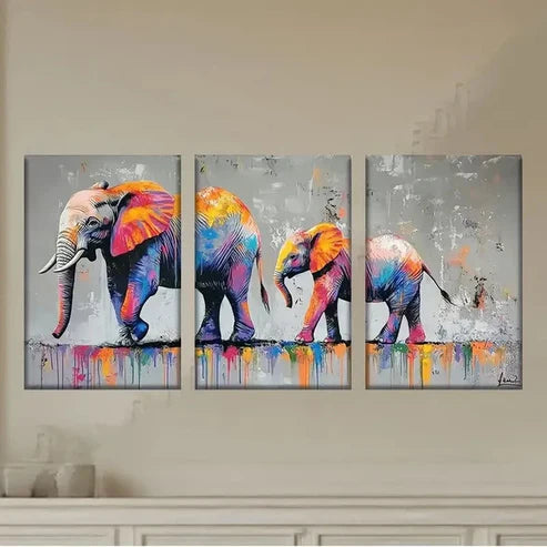 3pcs Two elephants painted on a canvas Wall Art Set Canvas Unframed - High Quality Print 100% Australian Made Wall Canvas - Bella Home Decor