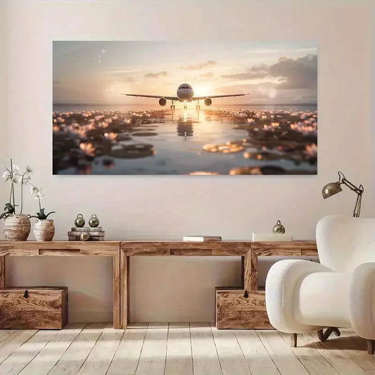 Sunset Over Lake Airplane wall canvas office home room framed 120x60cm - Bella Home Decor