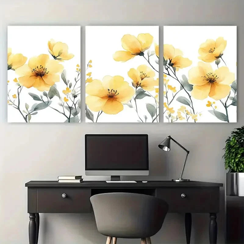 3pcs Delicate Yellow Flowers Watercolor Design Metal Print Ready to Hang Art - Bella Home Decor
