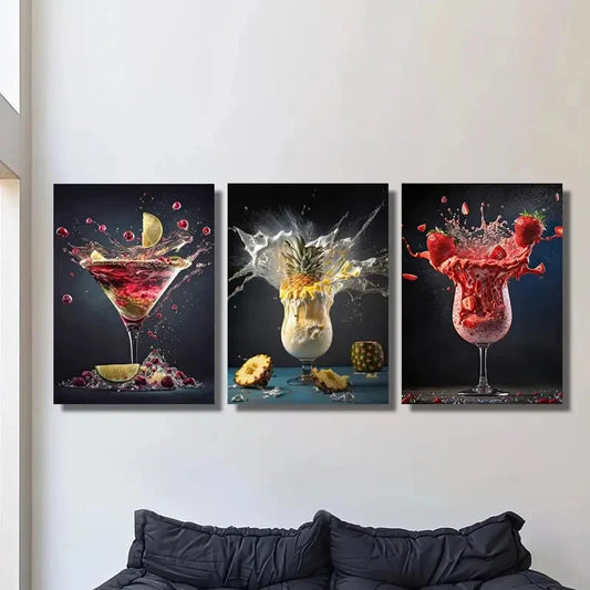3pcs ,Abstract lemon pineapple strawberry splash Metal Print Ready to Hang Art