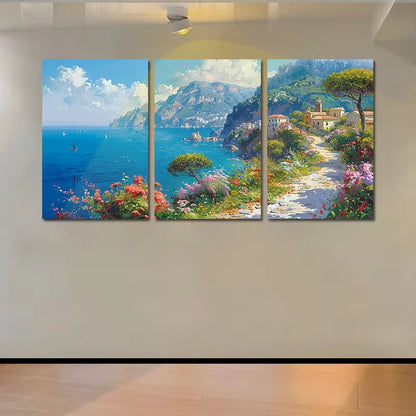 3pcs Vibrant Mediterranean Landscape with Floral Wall Art Set Canvas Framed 50x70cm - High Quality Print 100% Australian Made Wall Canvas Ready to Hang