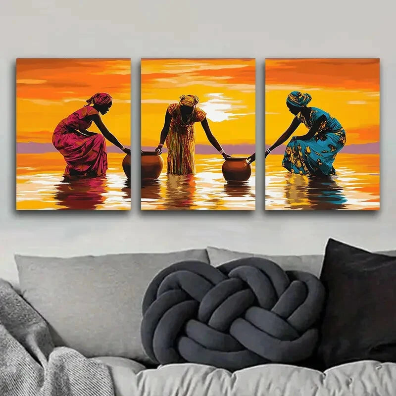 3pcs African Women by the River Metal Print Ready to Hang Art