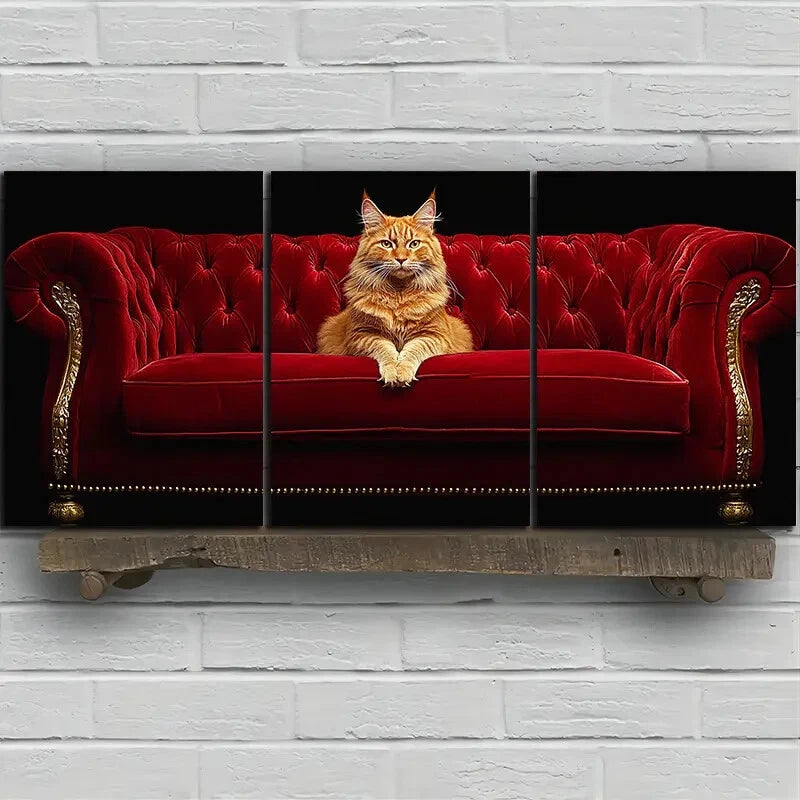 3pcs The Cute Cat on the Red Sofa Metal Print Ready to Hang Art - Bella Home Decor