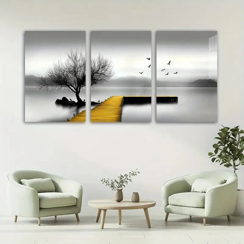 3pcs Seaside Birds and Trees Golden Black Metal Print Ready to Hang Art - Bella Home Decor