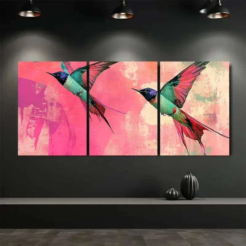 3pcs Artistic Collage of Swallows Flying Fuchsia Metal Print Ready to Hang Art - Bella Home Decor