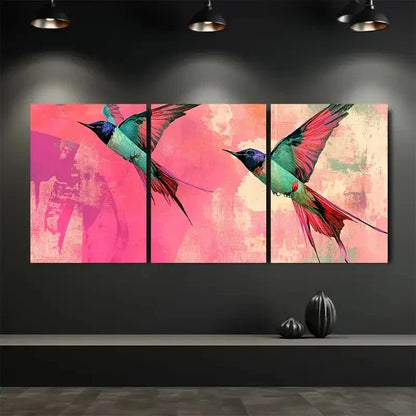 3pcs Artistic Collage of Swallows Flying Fuchsia Metal Print Ready to Hang Art - Bella Home Decor
