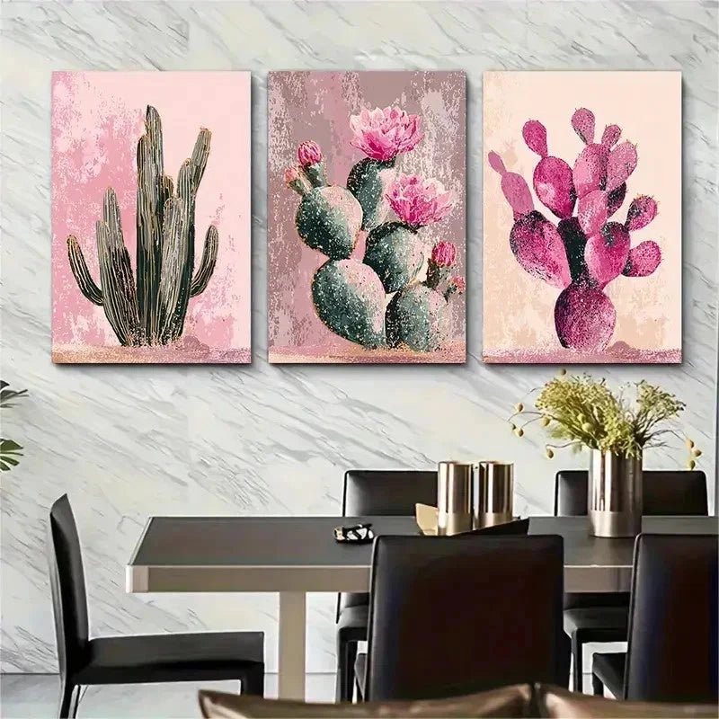 3pcs Cactus Aesthetic Pink Desert Cactus Perfect Wall Art Set Canvas Framed 50x70cm - High Quality Print 100% Australian Made Wall Canvas Ready to Hang - Bella Home Decor