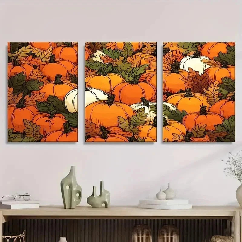 3pcs Pumpkins with Autumn Leaves Wall Art Set Canvas Framed 50x70cm - High Quality Print 100% Australian Made Wall Canvas Ready to Hang