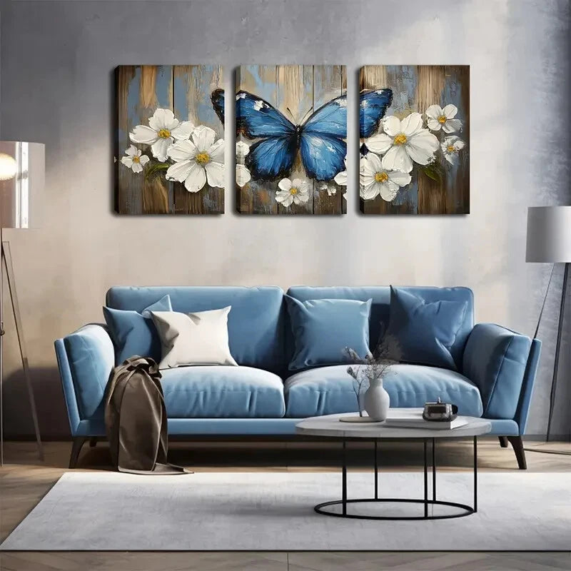 3pcs Blooming Flowers & Blue Butterfly Perfect Wall Art Set Canvas Framed 40x60cm - High Quality Print 100% Australian Made Wall Canvas Ready to Hang - Bella Home Decor