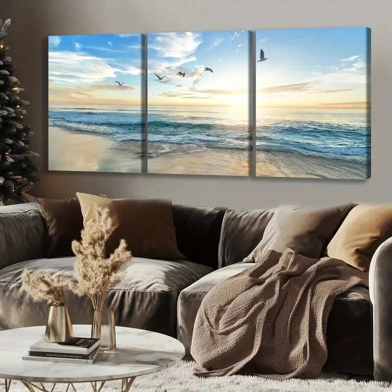 3pcs Modern Beach Sunset with Birds & Waves Wall Art Set Canvas Framed 50x70cm - High Quality Print 100% Australian Made Wall Canvas Ready to Hang