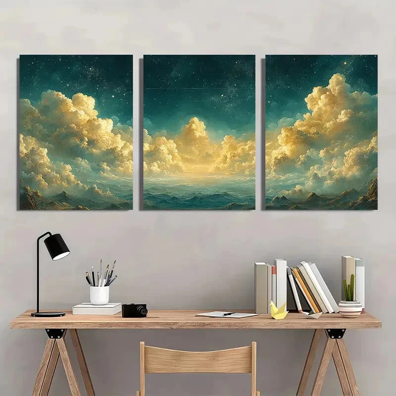 3pcs Serene Night Sky & Clouds Panoramic Metal Print Ready to Hang Art - Bella Home Decor