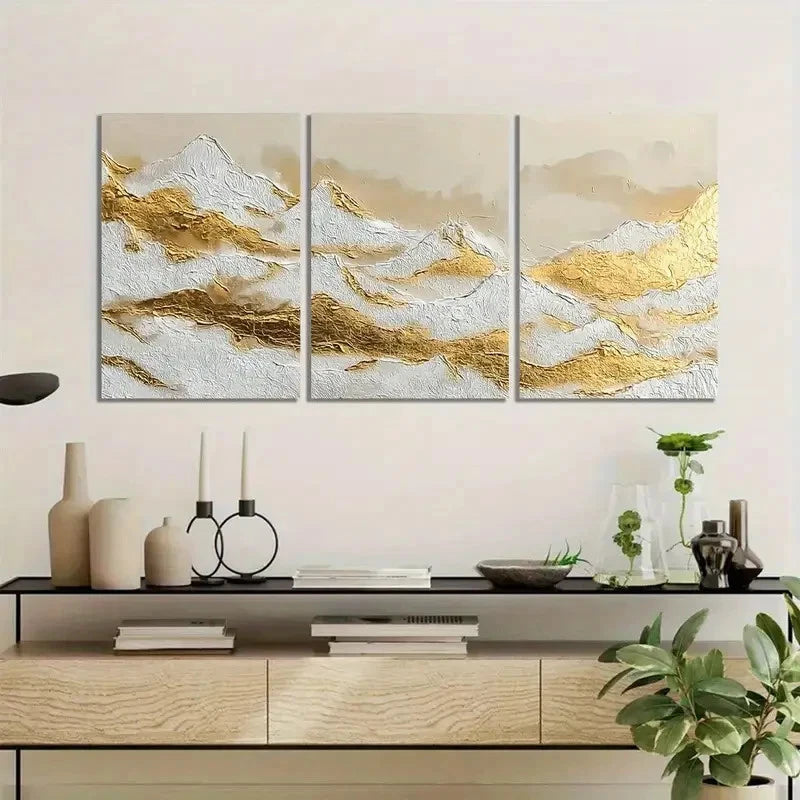 3pcs Golden and White Surface with Foil Accents Metal Print Ready to Hang Art - Bella Home Decor