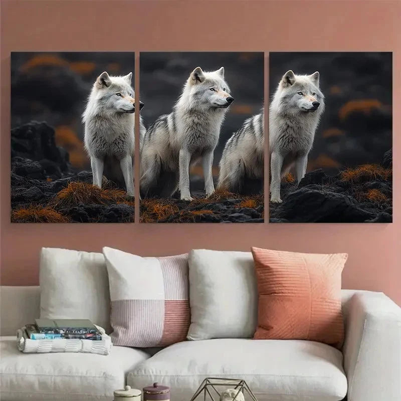 3pcs Arctic Wolves Wildlife Distant Photography Metal Print Ready to Hang Art - Bella Home Decor