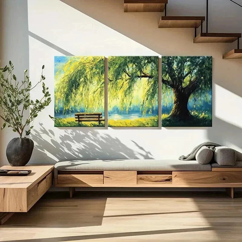 3pcs Willow Tree Serene Lake Wooden Bench Wall Art Set Canvas Framed 60x90cm - High Quality Print 100% Australian Made Wall Canvas Ready to Hang - Bella Home Decor