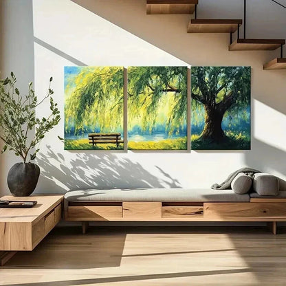 3pcs Willow Tree Serene Lake Wooden Bench Wall Art Set Canvas Framed 60x90cm - High Quality Print 100% Australian Made Wall Canvas Ready to Hang - Bella Home Decor