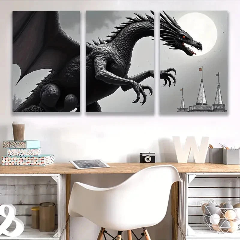 3pcs Black Dramatic Dragon Moonlit Castle Scene  Wall Art Set Canvas Framed 40x60cm - High Quality Print 100% Australian Made Wall Canvas Ready to Hang - Bella Home Decor